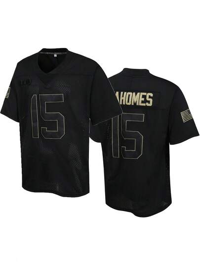 Atonmore Herr 15 svart amerikansk fotbollströja Casual kortärmad broderad söm V-ringad t-shirt fest rugby sporttopp