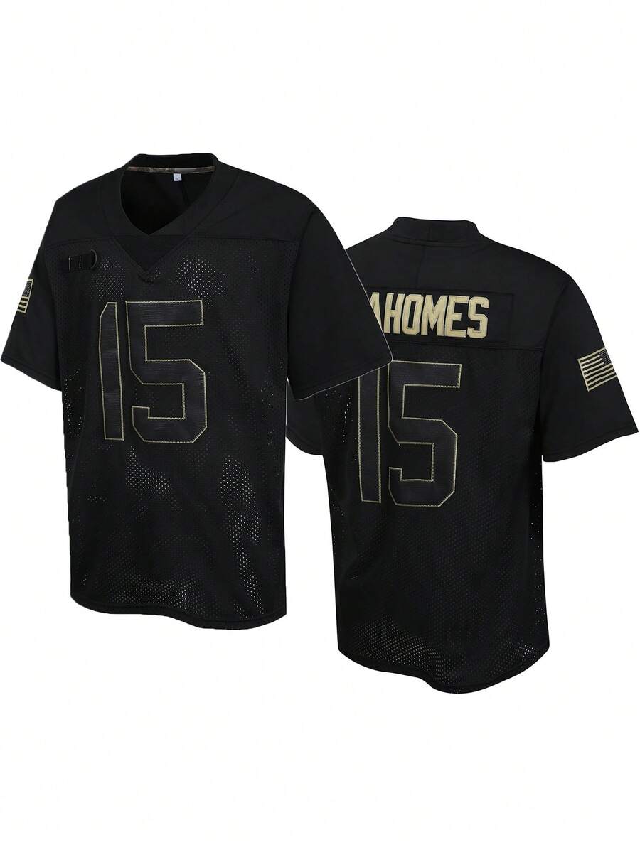 Atonmore 男士15号黑色美式橄榄球球衣休闲短袖刺绣V领T恤派对橄榄球运动上衣 - 黑色 - 查看 1