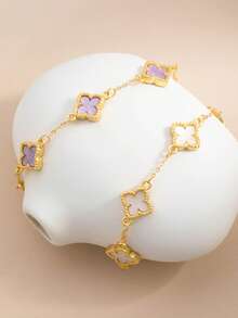 2pcs Fashionable Classic Purple & White Clover Design Bracelet Set - One Size Fits All - White and Purple Bracelet - View 4