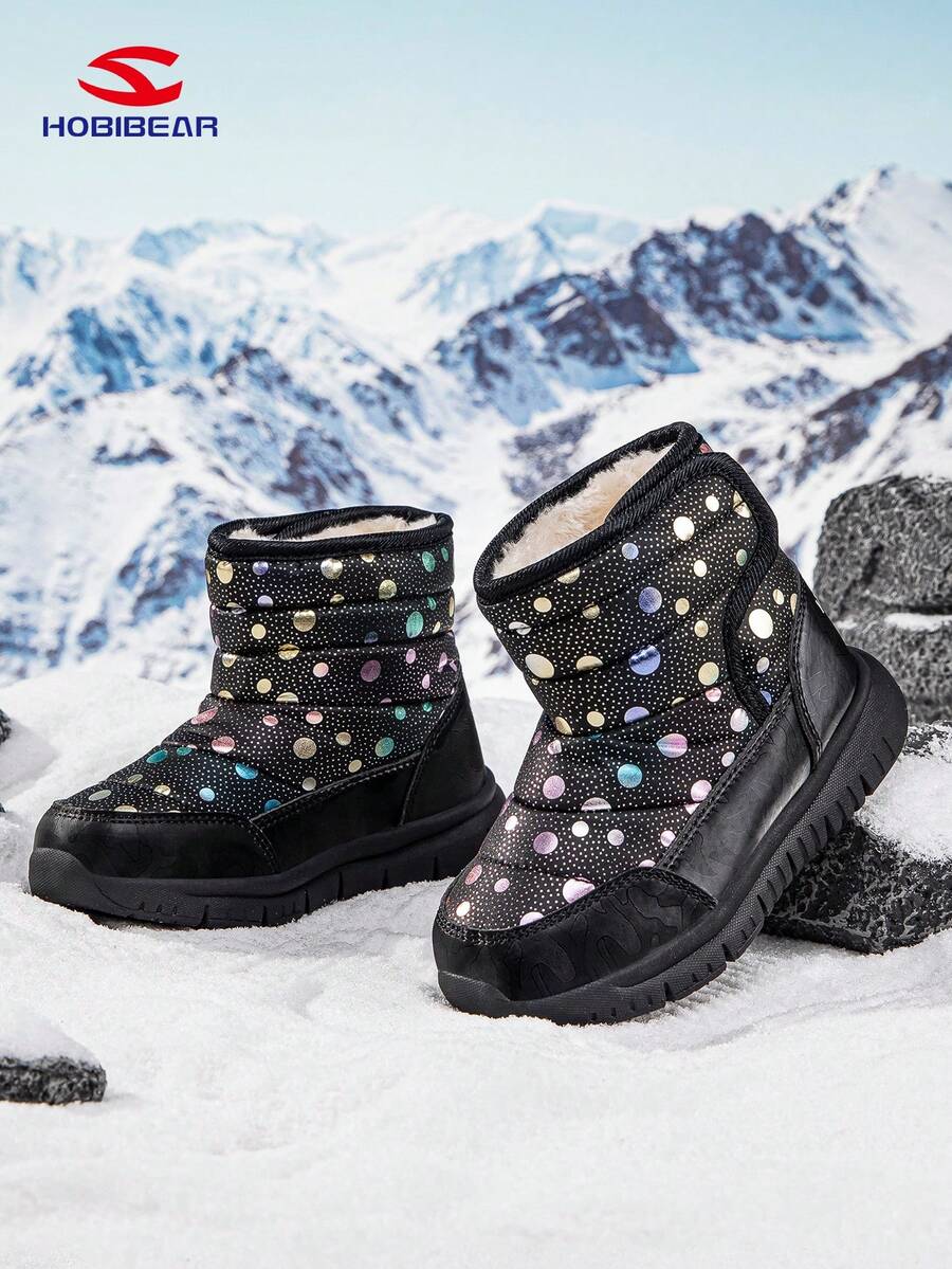 HOBIBEAR 1 Pair Kids Snow Boots With Polka Dot Sequin Pattern, Hook And Loop Design, Warm Waterproof Non-Slip Outdoor Boots For Boys And Girls, Suitable For Winter