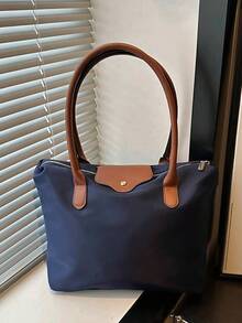 A Simple And Versatile Solid Color Casual Tote Bag, Large Capacity, With Zipper, Can Be Worn As A Shoulder Bag, Suitable For Shopping, Vacation, Work And Commuting, And Various Occasions. - Blue - View 6