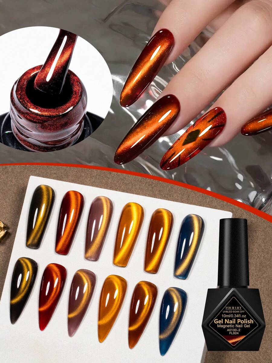 FOUR LILY 10ml 金色磁性猫眼凝胶指甲油 - 超闪亮亮片效果，持久可卸 UV LED 指甲油，适合美甲沙龙和居家美甲 - 彩色 - 查看 1