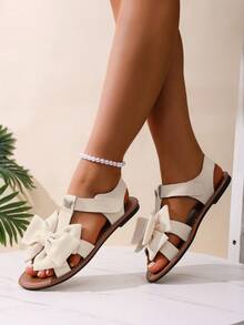 蝴蝶结平底凉鞋，套脚软底舒适休闲凉鞋，百搭时尚，适合学生，青少年露趾沙滩度假凉鞋 - 棕色 - 查看 6