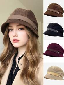 灯芯绒渔夫帽，韩版百搭女帽，复古优雅贝雷帽，修饰脸型，适合寒冷天气佩戴