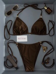 2pcs Solid Color Personalized Women's Bikini Fashion Beach Swimwear Set, Metal Decor, Drawstring Halter Design, Suitable For Beach, Pool, Cruise, Party, Spring/Summer, Elegant & Sexy Vacation - Brown - View 4