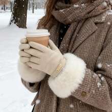 优雅奢华仿毛皮和绒面革抓绒纯色冬季保暖帽和触屏手套套装 - 抓绒袖口和金属扣细节，防寒保暖，适合女性日常通勤和圣诞派对冬季配饰套装 - 彩色 - 查看 10