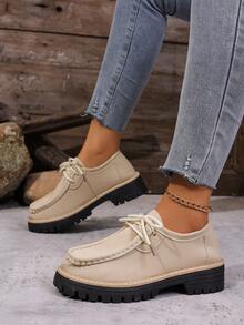 Mocassins Femininos Plus Size Sem Cadarço, Novos Modelos De Primavera/Outono Com Bico Redondo E Sola Grossa, Estilo Britânico Para O Trabalho E Deslocamento Diário. - Bege - Ver 2