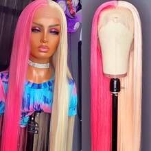 13X4 Pink & Brown Lace Front Wigs Pre Plucked Soft Free Part Long Straight Wigs Glueless Pink Skunk Stripe Wig Wear And Go Wig Heat Resistant Fiber Hair Synthetic Lace Front Wigs For Fashion Women For Daily Christmas Party Cosplay Use - Half Pink Half Blonde - 查看 2