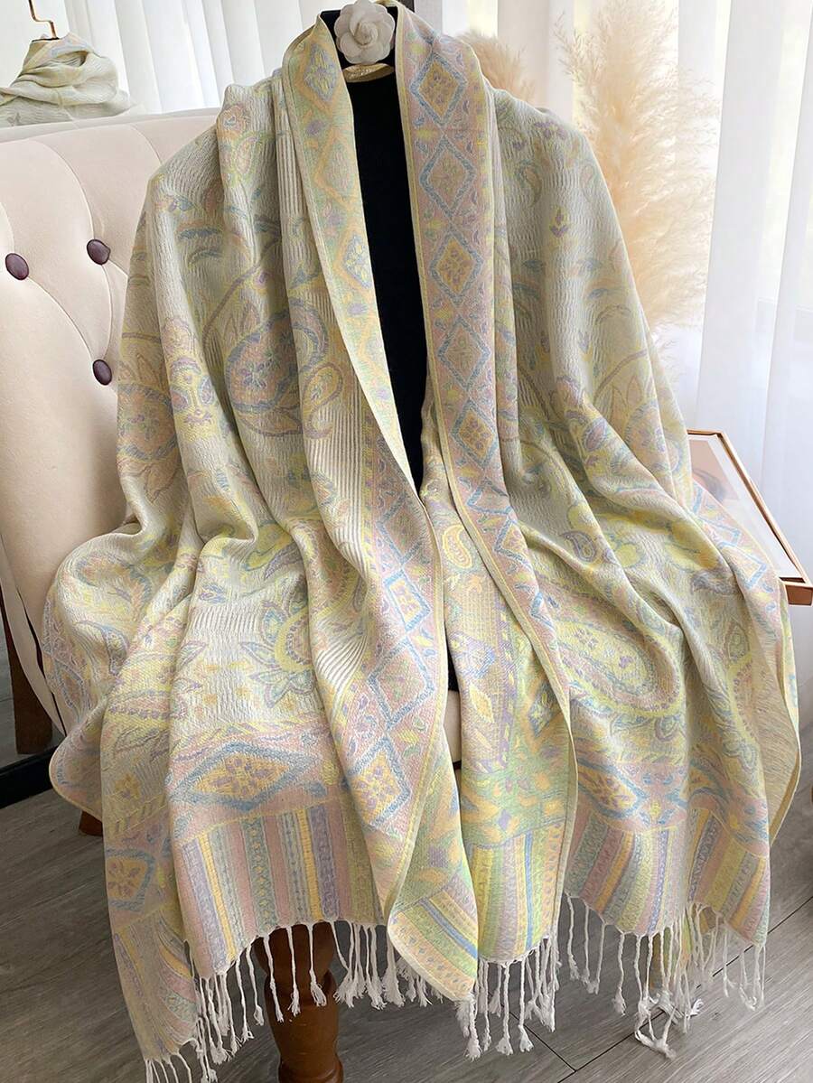 1条女士优雅佩斯利提花仿羊绒围巾，波西米亚风时尚百搭流苏披肩，双面可用，保暖百搭，适合日常佩戴、旅行、度假 - 白色 - 查看 1