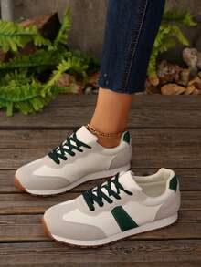 Suede Material, Inner Heightening, Fashion Versatile, Lace-Up Round Toe, Thick Sole Heightening, Striped Decor, Solid Color, Comfortable Soft Bottom, Casual Shoes, Sports Shoes, Fashion Shoes, Shoes, Suitable For Daily Wear, Commuting - Green - View 5