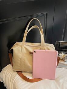 大容量帆布手提包，时尚学生通勤手提包，休闲百搭单肩包 - 卡其色 - 查看 6