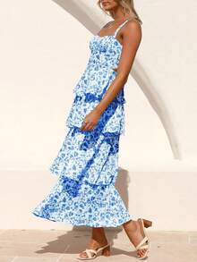 Vestido maxi con tirantes finos, sin mangas, con volantes y estampado floral para un romance de verano - azul real - Ver 5