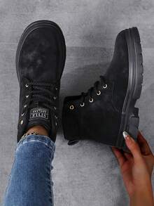 Damen Outdoor Knöchelstiefel, Veloursleder, Lässig & Bequem, einfarbige Mode Stiefel, geeignet für Herbst/Winter, ganzjährig, rutschfest, runde Zehenform, Retro, Schnürung, Sportschnürung mit Metalleyelets, Hausschuhe - Schwarz - Übersicht 3