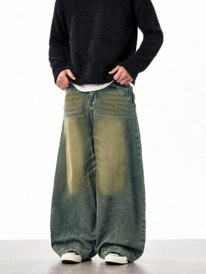 1pc Vintage Washed Loose Fit Wide Leg Boyfriend Jeans, Casual & Versatile Unisex Style