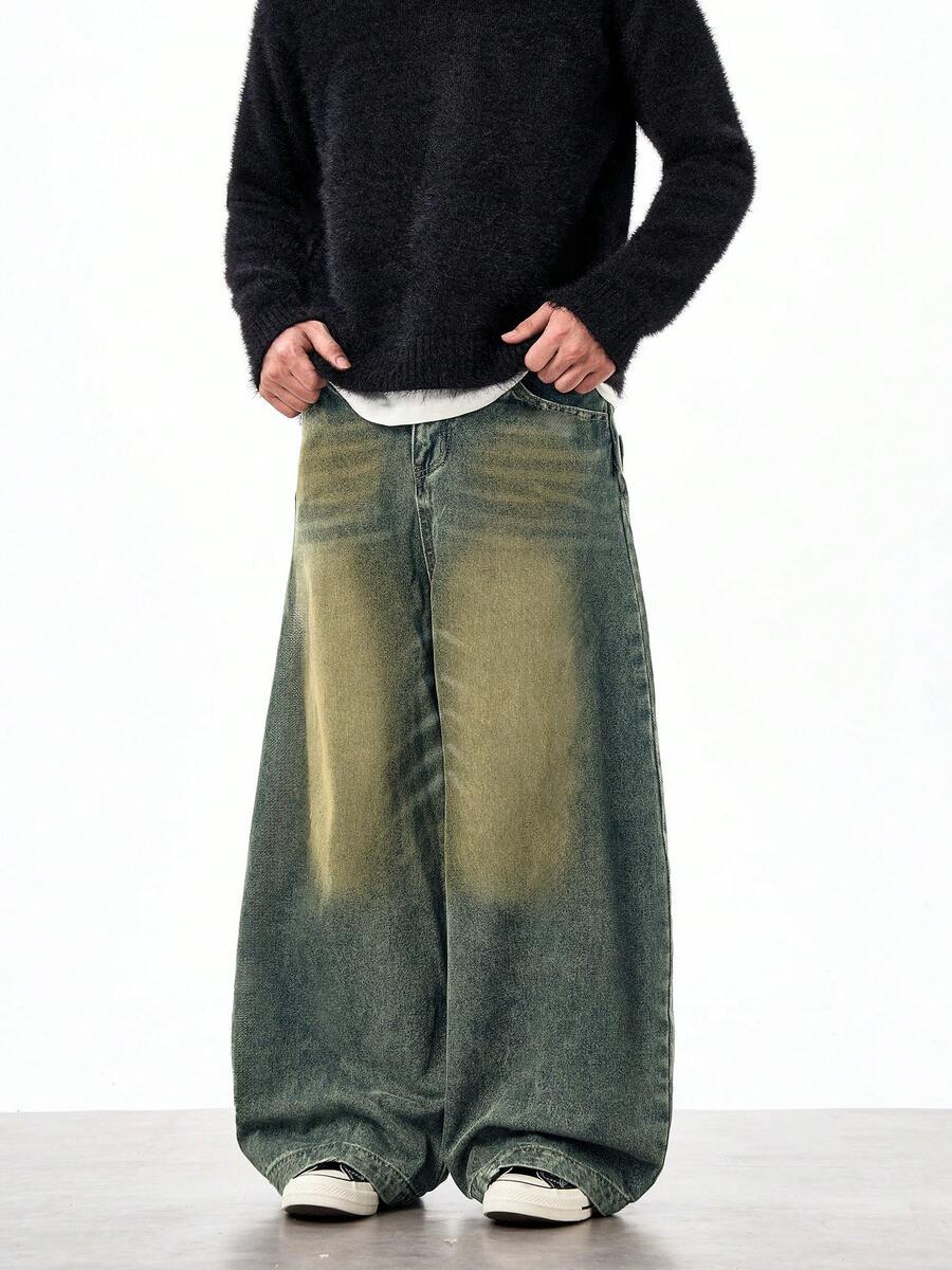 Blugi boyfriend vintage spălați, croială lejeră, cu picior larg, stil unisex casual și versatil, 1 buc.