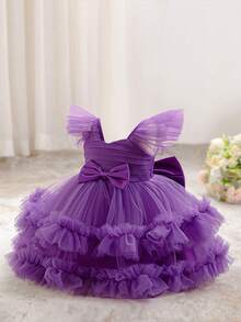 Baby Girls V-Neck Bow Ruffle Mesh Cute Wedding Dress, Suitable For Birthday Party, Excluding Headband - Purple - View 3