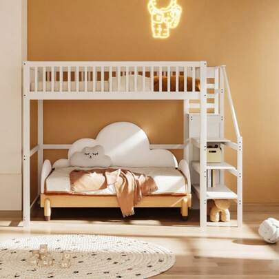 Hochbett 140x200 Mit Treppe, Weisses Kinderbett Aus Holz Mit Aufbehandlingregal, Einfern Kleiderschrank