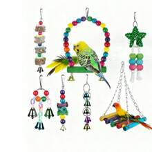 Combination Bird Toys Set Swing Chewing Training Toys Small Parrot Hanging Hammock Parrot Cage Bell Perch Toys With Ladder Toys(Random Accessory Color)
