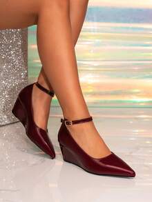 Women's Commute Flat-Toed Low Heel Shoes, Fashion Pointed Toe High Heels, Simple Style, Elegant Height-Increasing Women's Shoes - Burgundy - View 5