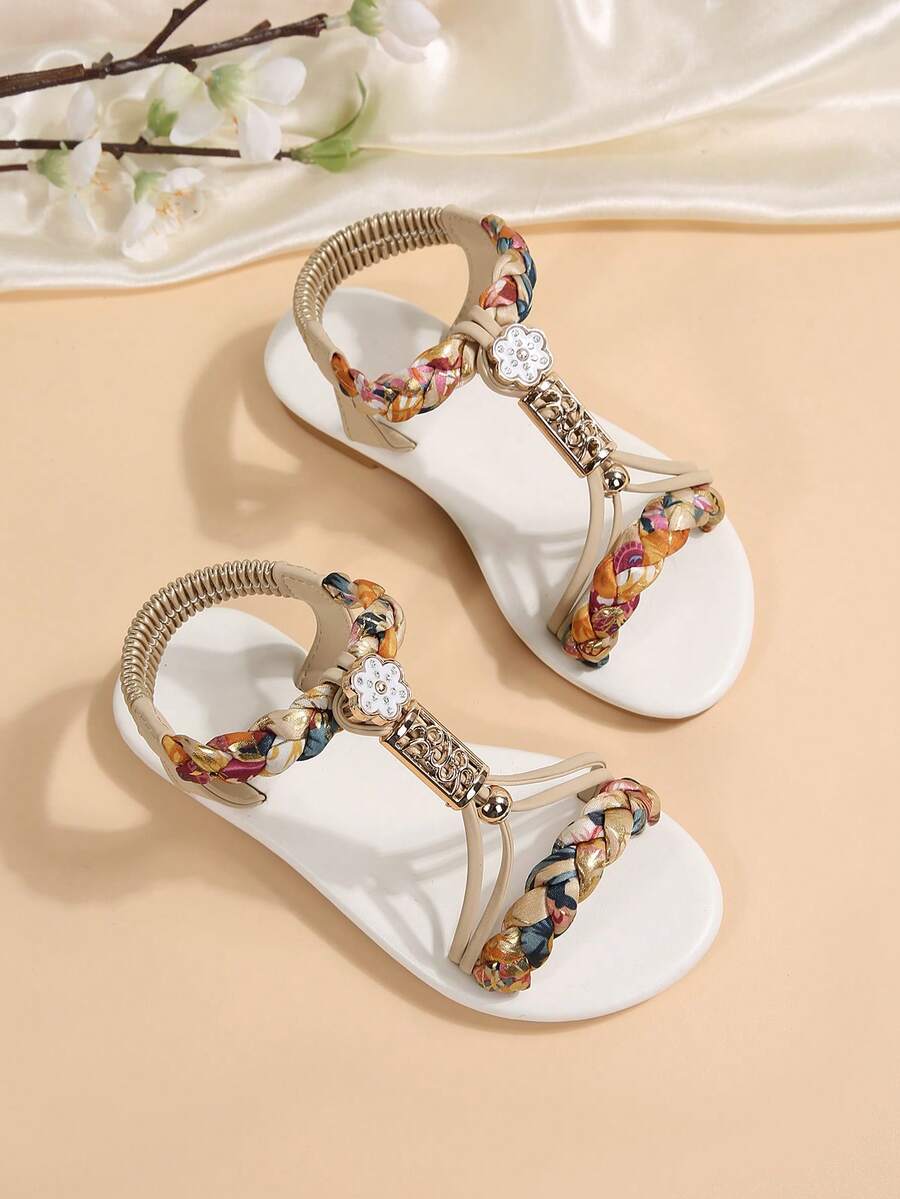 2026新款凉鞋，儿童凉鞋，沙滩凉鞋，名牌凉鞋，时尚米色凉鞋，闪亮钻石凉鞋，波西米亚风凉鞋，舒适耐穿，手工编织鞋带 - 白色 - 查看 1