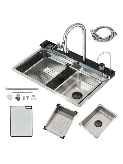 Senlesen Juego de tarjas para cocina moderno con cascada (75 x 46 cm,Gris pistola) Fregadero portátil de acero inoxidable 304 con pantalla digital inteligente y grifos extraíble. Lavabo de gran capacidad que incluye panel de control para encimera, dispensador de jabón, escurridor para trastes y portavasos . Adecuado para cocinas,  comedores y autocaravanas.Regalo de Navidad,Muebles para Cocina,   Cocina Accesorios