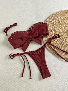 2pcs Geometric Pattern & Tropical Floral Print Casual Cute Elegant Sexy Bohemian Style Wrap Bikini Set, Women Beach Holiday Swimwear, Spring/Summer Vacation - Brown - View 2