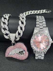 European And American Hip-Hop Style Jewelry Set For Men, Including Pink Sexy Tongue Lips Pendant, Butterfly Pendant, Heart Wing Pendant Paired With Pink Watch, Ideal Gift For Festivals And Parties - Pink - View 10