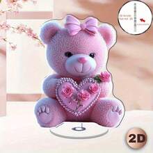 2D Acrylic Pink Bear Desktop Decor With Heart & Rose, Valentine's Gift, Suitable For Home, Office, Cafe, Restaurant - Indoor & Outdoor, Cute Plush Teddy Bear With Pearl Necklace And Pink Bow, Perfect Gift Item, Heart Decor | Acrylic Structure, 3D Figurine, Elegant Decoration, Durable Material, Lightweight Decor, Rose Decor, Romantic Decor - Multicolor - View 6