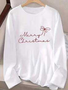 Gentle Christmas Style! Burgundy Bow Merry Christmas Print White Cotton Long-Sleeved T-Shirt, Women's Long-Sleeved T-Shirt, Cotton Long-Sleeved Crew Neck Top, Women's Top, 100% Cotton, Autumn And Winter, Winter Lining, Pullover, Sweatshirt, Women's Clothing, Autumn And Winter, Comfortable Fit, Autumn And Winter Clothing, Daily Travel - White - View 3
