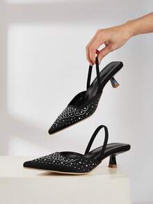 Giày sandal cao gót mũi nhọn đính đá lấp lánh mới dành cho nữ, kiểu dáng thanh lịch, thích hợp cho các bữa tiệc và dịp đặc biệt. - màu đen - Xem 4