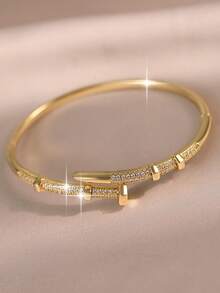 1pc Elegant Buckle Nail Gold Plated Bangles Luxury High-End Cubic Zirconia Cuff Bracelet For Women Engagement Wedding Birthday Anniversary Festival Gifts Copper Jewelry - Bracelet - View 5