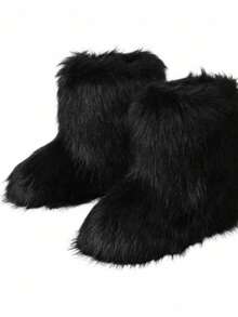 Women's Faux Fur Boot Furry Fluffy Round Toe Suede Winter Comfy Plush Warm Short Outdoor Indoor Flat Shoes Mid-Calf Boots Fashion Boots - 黑色 - 查看 2