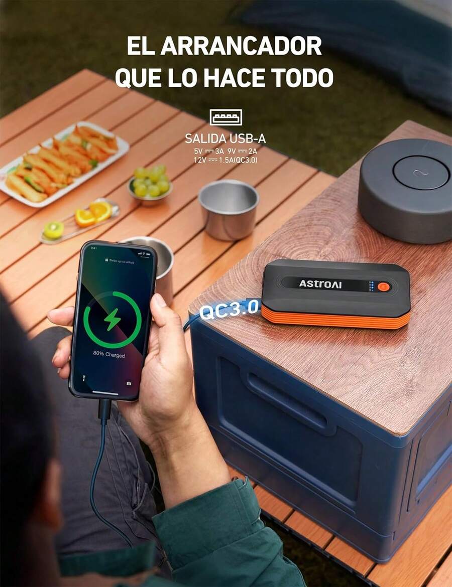 AstroAI B8 Arrancador De Batería para Coche, Cargador de Batería de Auto y Jump Starter Carro De 12 V (7,0 L Gasolina / 5,5 L Diésel).Incluye Luz Led Y Todos Los Accesorios (Naranja) - Naranja - Ver 1