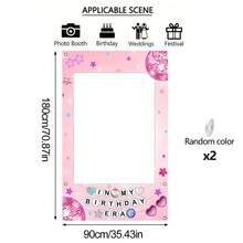 粉色生日快乐优雅甜美主题派对相框横幅背景，（70.87*35.43英寸/47.24x23.62英寸）星星、爱心、迪斯科图案摄影道具，适合女孩生日主题派对装饰，也适用于生日、情人节 - 女孩生日主题派对2D平面装饰摄影道具 - 彩色 - 查看 7