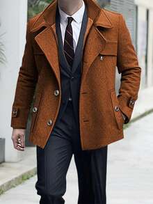 Mens Wool Pea Coat Winter Warm Long Sleeve Solid Color Jacket Button Down Overcoat - Reddish Brown - View 5