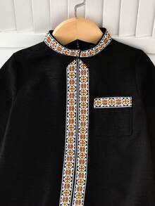 Vihyde 1pc Young Boy Middle Eastern Long Robe, Black With White & Orange Geometric Trim, Long Sleeve, Stand Collar, Pockets - Black - View 6