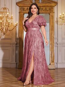 XUIBOL Hochwertig dehnbares, elegantes Pailletten-Patchwork-Kleid in superenganliegender Passform, Große Größen mit V-Ausschnitt, ideal für Abendveranstaltungen, Cocktailpartys, Hochzeiten, Jahrestage, Familienfeiern, formelle Galas, Bridal-Shower, Geburtstagsfeiern. Luxuriöses, würdevolles Kleid für die Brautmutter mit schweren Verzierungen. - Pink - Übersicht 4