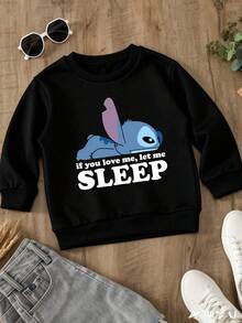 Disney Stitch's "Sleepy" Pattern Print, Soft And Warm Boys' Hoodie, Suitable For Daily Casual Wear, Family Outings And Other Scenarios. - 黑色 - 查看 3