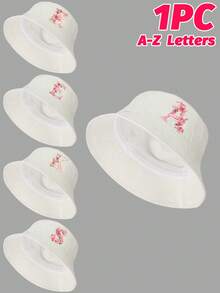 1pc Girls' White Sweet Pink Rose Decor Letter Pattern Bucket Hat, 26 Letters Customizable, Fashionable Soft Cute Lightweight Sun Protection, Suitable As Birthday/Holiday Gift, For Spring/Summer Outdoor Activities, Campus, Fishing - White - View 1
