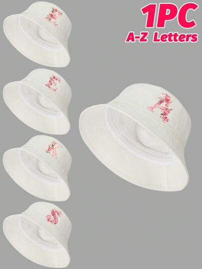 1 pieza Sombrero de cubo con decoración de rosa rosa dulce y patrón de letras para niñas, 26 letras personalizables, de moda, suave, lindo y ligero con protección solar, adecuado como regalo de cumpleaños/vacaciones, para actividades al aire libre de primavera/verano, campus, pesca