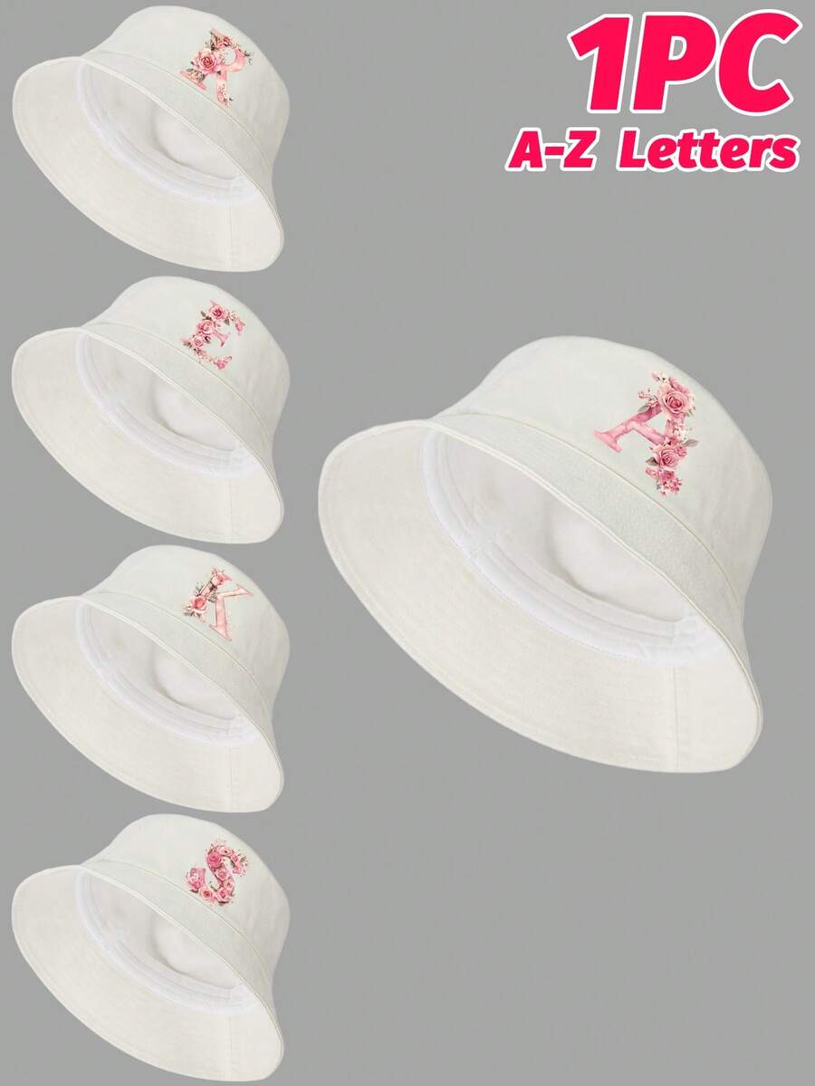 1pc Girls' White Sweet Pink Rose Decor Letter Pattern Bucket Hat, 26 Letters Customizable, Fashionable Soft Cute Lightweight Sun Protection, Suitable As Birthday/Holiday Gift, For Spring/Summer Outdoor Activities, Campus, Fishing - White - View 1