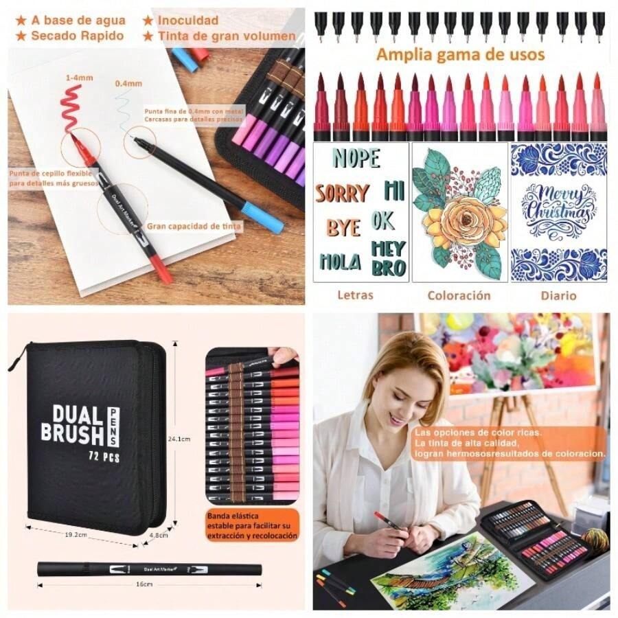 72/120 Colores Plumones Doble Punta Pencil, Marcadores a Base de Agua No Toxico, Cepillo de Nailon 1 - 2mm y Punta Fina 0.4mm Para Nios y Adultos, Colorear Lettering Dibujar Caligrafa - 72 Colores - Ver 1