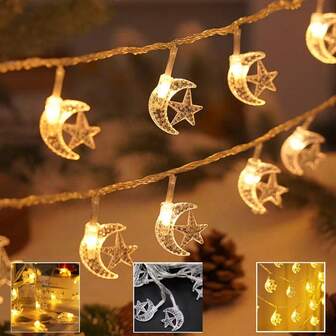1pc 1.5m 10Leds LED String Lights, Battery-Powered, Eid Al-Fitr Decorative Lights, Star And Moon Patterns, Perfect For Ramadan Celebrations, Ideal For Living Rooms, Bedrooms, And Room Ambiance Decoration (Batteries Not Included)