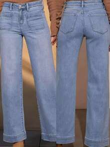 Women's Mid-Rise Elastic Waist Flare Leg Vintage Style Straight Jeans
