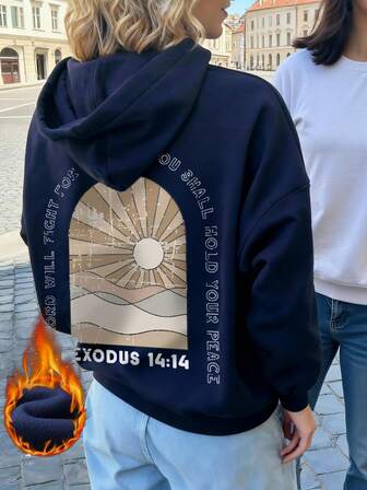 女式冬季太阳和口号图案长袖抽绳连帽衫，带口袋，休闲宽松百搭假日风格上衣，时尚冬季女装，适合日常穿着