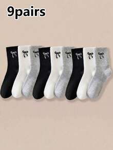 5/9双装纯色蝴蝶结装饰女士中筒袜，时尚简约休闲舒适日常百搭袜，适合所有季节，圣诞礼物 - 彩色 - 查看 12