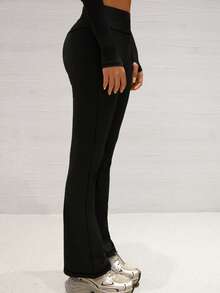 Pantalones deportivos de mujer con alta compresión y estiramiento, mallas acampanadas casuales para yoga y entrenamiento - Negro - Ver 4