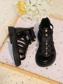 1 Pair Black Roman Sandals For Teenage Girls, Soft Leather & Fabric Woven Patchwork, Gold Buckle Decor, Zipper Back, Open Toe, Non-Slip Soft Sole, Fashion & Cute, Suitable For 3-15 Years Old Girls Daily, Beach, Campus, Holiday Wear, Spring/Summer 2026 - Black - View 4