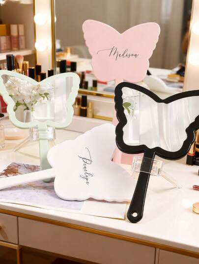 1pc/2pcs Custom Handheld Mirror, Personalized With Text/Logo/Name, Butterfly Handheld Mirror, Wedding Accessory, Name Tag, Personalized Collectible Gift, Bridesmaid Supplies, UV Printing, Beauty And Health, Fashionable Autumn Wear, Perfect Wedding Keepsake, An Excellent Birthday Gift For Friends, Girlfriends, Or Family.