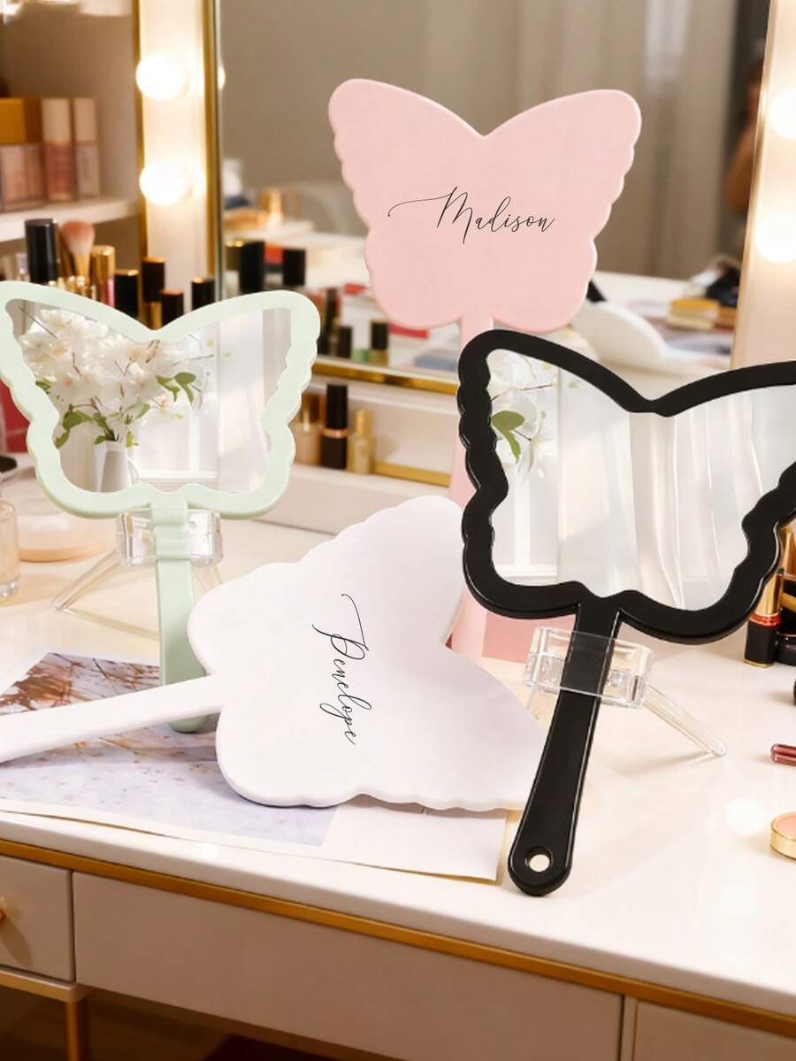 1 pieza/2 piezas Espejo de mano personalizado, con texto/logotipo/nombre personalizado, espejo de mano con mariposa, accesorio de boda, etiqueta con nombre, regalo coleccionable personalizado, suministros para damas de honor, impresión UV, belleza y salud, ropa de otoño a la moda, recuerdo perfecto de boda, un excelente regalo de cumpleaños para amigos, novias o familiares. - Multicolor - Ver 1